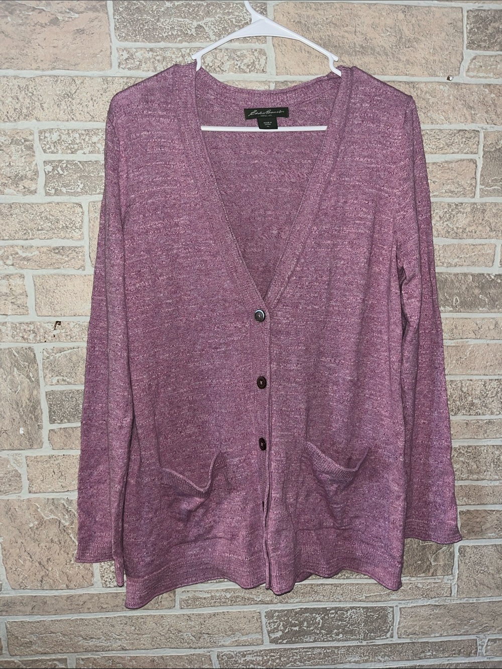 Eddie Bauer Heathered Plum Button-Up V-Neck Cardigan